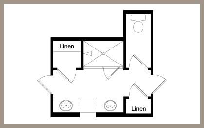 Floor plan layout of a primary bathroom with large walk-in shower / Floor plan layout of a primary bathroom with shower and garden tub