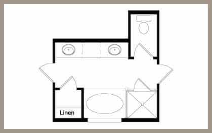 Floor plan layout of a primary bathroom with large walk-in shower / Floor plan layout of a primary bathroom with shower and garden tub